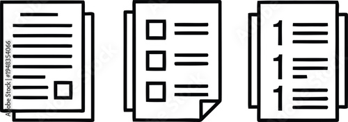 Three paper documents with various line and checkbox layouts