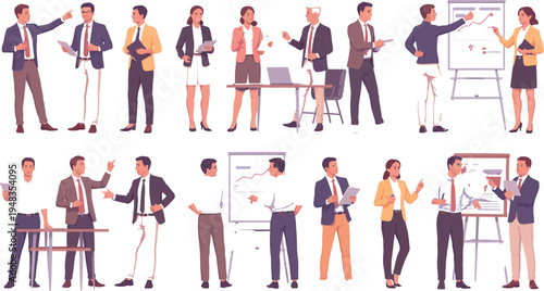 Professionals in business attire interact and present in office settings with colleagues.