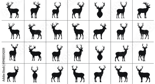 Collection of black deer silhouettes in various poses on white background for design use