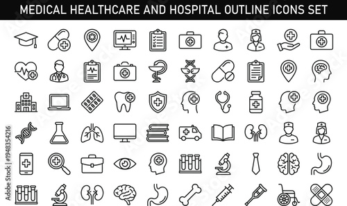 Medical Healthcare and Hospital Outline Icons Set with Doctors Medicine Equipment and Health Education Vector Collection