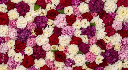 A vibrant and dense floral background featuring an array of red, pink, purple, and white flowers arranged closely together.