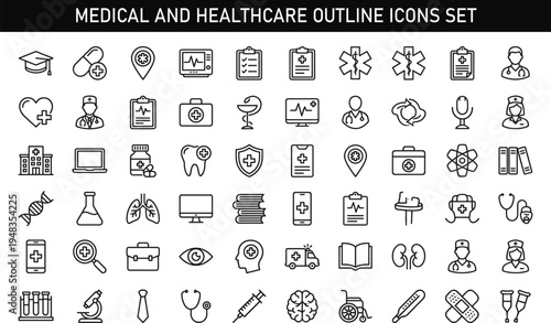 Medical and Healthcare Outline Icons Set with Hospital Equipment Doctors Medicine and Health Care Vector Collection