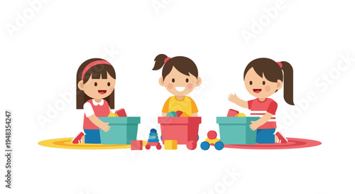 Three happy young girls sit on colorful mats, playing with various toys like blocks and a stacking ring from their individual bins.