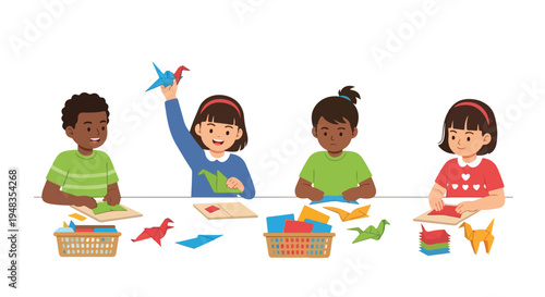 Four diverse children are seated at a table, happily engaged in folding colorful paper into various origami animal shapes.