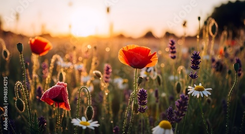 Vibrant red poppies and delicate white daisies bloom in a sun-drenched meadow at sunset.