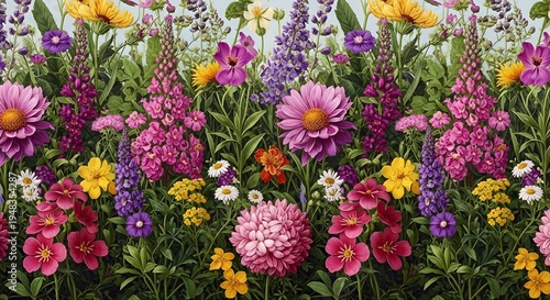 A vibrant and colorful array of diverse wildflowers blooming in a lush garden, showcasing a beautiful natural floral pattern.