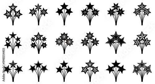 Collection of black star shaped flower silhouettes on white background for design and decoration