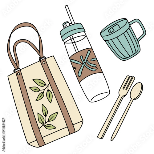 Reusable shopping bag with leaf design, reusable water bottle, and travel cutlery set, promotes zero-waste and eco-conscious living, eco friendly, tote bag