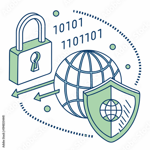 Cyber security concept: digital globe protected by shield and padlock with binary code with ideal for cybersecurity, data protection, and network security themes