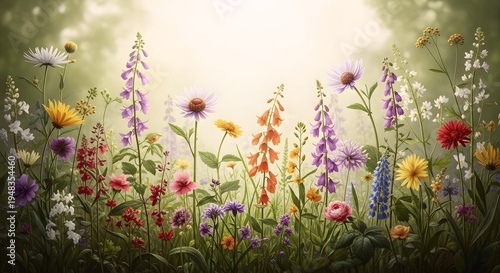 A vibrant and diverse wildflower meadow bathed in soft, ethereal light, showcasing a rich tapestry of colorful blossoms and natural beauty.