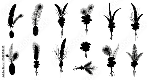 Black fly fishing lure set with feathers and beads on white background for fishing enthusiasts and outdoor activities