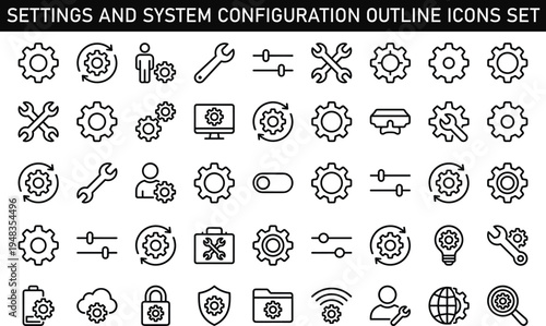 Settings and System Configuration Outline Icons Set with Gear Tools Maintenance Line Vector Collection