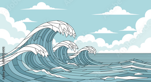 Stylized crashing waves under a cloudy sky