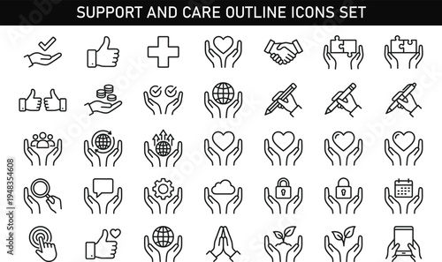 Support and Care Outline Icons Set with Helping Hands Protection Service Charity Line Vector Collection