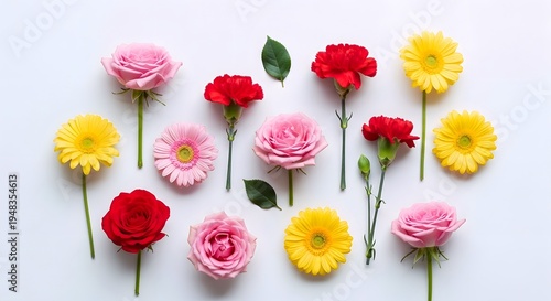 A beautiful flat lay composition of colorful roses, carnations, and gerbera daisies with green leaves on a pristine white background.