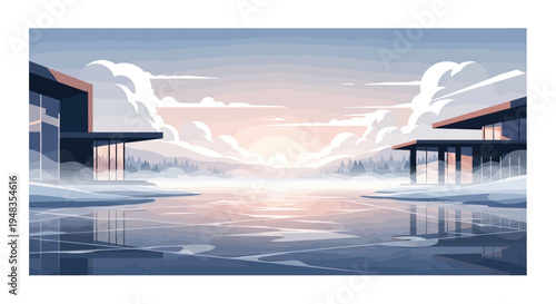 Modern glass houses flank a frozen lake reflecting a pastel sunrise over misty mountains