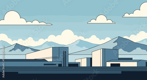 Geometric buildings line a landscape with layered mountains under a cloudy sky