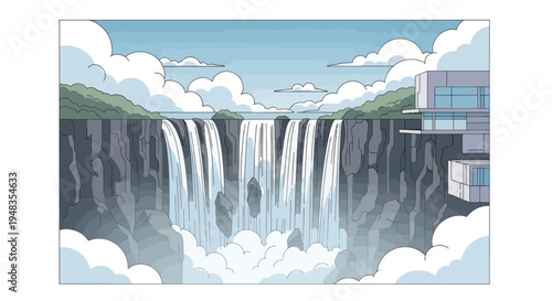 Majestic waterfall cascades from cliff-top into clouds beside modern architecture