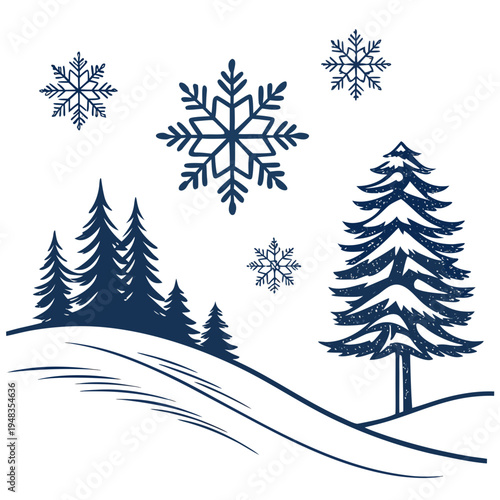 Winter landscape with pine trees and snowflakes illustration with dark blue with greeting card with cold weather