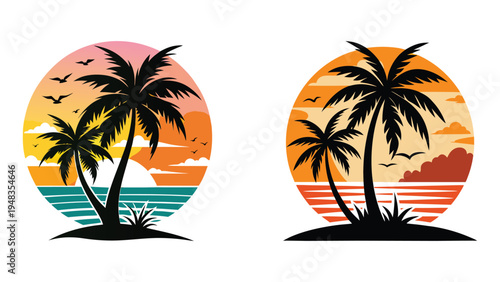 Tropical island palm trees silhouettes against colorful sunset backgrounds with ocean waves and birds