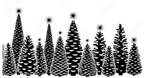 Black silhouette of a group of christmas trees with stars on a white background festive holiday decoration