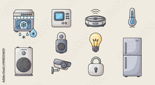 Cartoon icons of smart home devices fridge, light bulb, lock, camera, and more