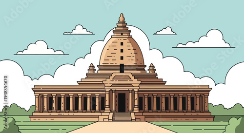 A large, tiered structure with a domed roof and colonnades, set against a cloudy sky