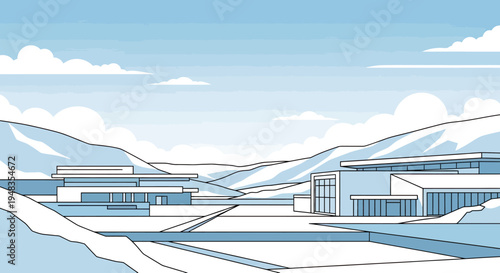 Modern architecture unfolds amidst serene, cloud-dappled mountainous terrain