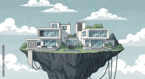 A modern home sits atop a rocky island floating in a rainy sky