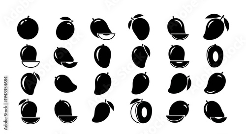 Set of black mango icons in various orientations on white background for design and illustration