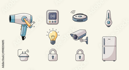 Collection of everyday smart home devices hairdryer, thermostat, vacuum, etc