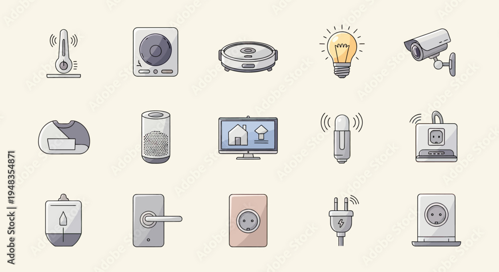 Fototapeta premium Collection of smart home devices including a thermometer, speaker, robot vacuum, and camera