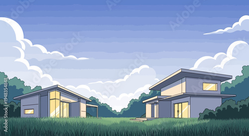 Two modern homes nestled in lush green grass under a cloudy blue sky