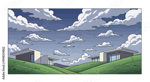 Modern homes nestled in rolling green hills beneath a cloudy sky