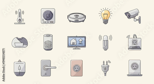 Collection of smart home devices including a thermometer, speaker, robot vacuum, and camera