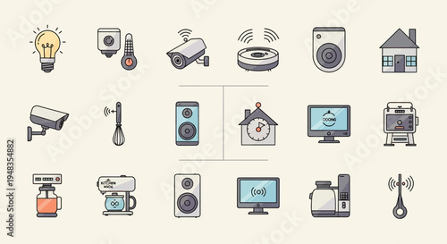 Collection of smart home devices lightbulb, thermometer, cameras, speakers, house, robotic vacuum, mixer, computer