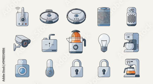 Various smart home devices including security cameras, robot vacuums, air purifier, and coffee makers