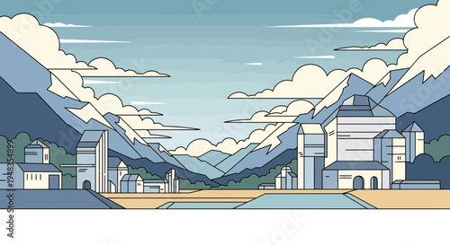 Stylized mountain valley town with abstract architecture and cloudy sky
