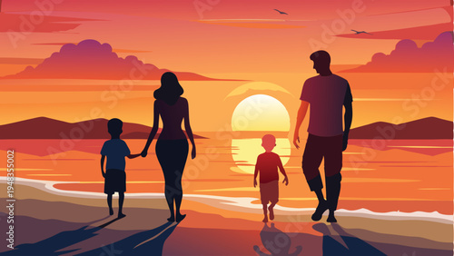 Family walking on beach at sunset with kids and parents together