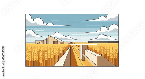 Abstract landscape of golden wheat fields under a cloudy blue sky