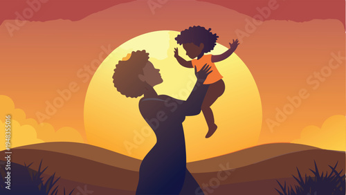 A darkskinned man holding a little girl in front of a sunset with hills and clouds