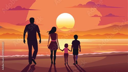 Family walking on beach at sunset with ocean and mountains in background