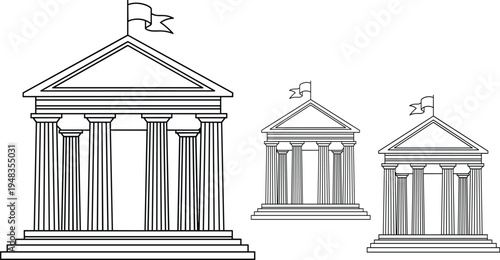Classic courthouse building with columns and flag, government institution architecture outline vector illustration for law, justice and public administration