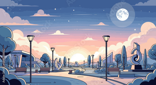 Serene park at twilight with glowing moon and sunset hues