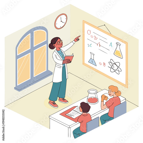 Science teacher explaining concepts on a whiteboard to students in a classroom, illustration for education and learning, teacher pointing, science class, flat design