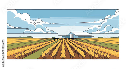 Rows of yellow flowers stretch towards a white building under a sky with clouds