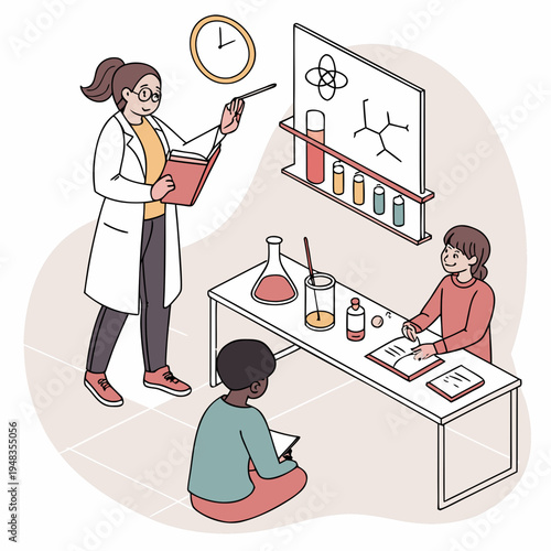 Chemistry class with teacher and students conducting experiment and studying molecules on whiteboard with flat design