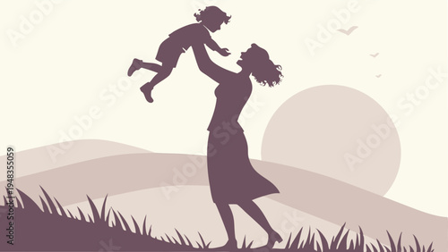 Mother playing with her child on a sunny day outdoors in a field with hills