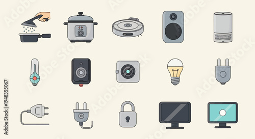 Assorted electronics and household gadgets depicted as simple line art icons