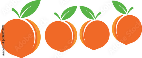 Fresh peach fruit icon set with green leaves, simple flat vector illustration collection for healthy food and agriculture design